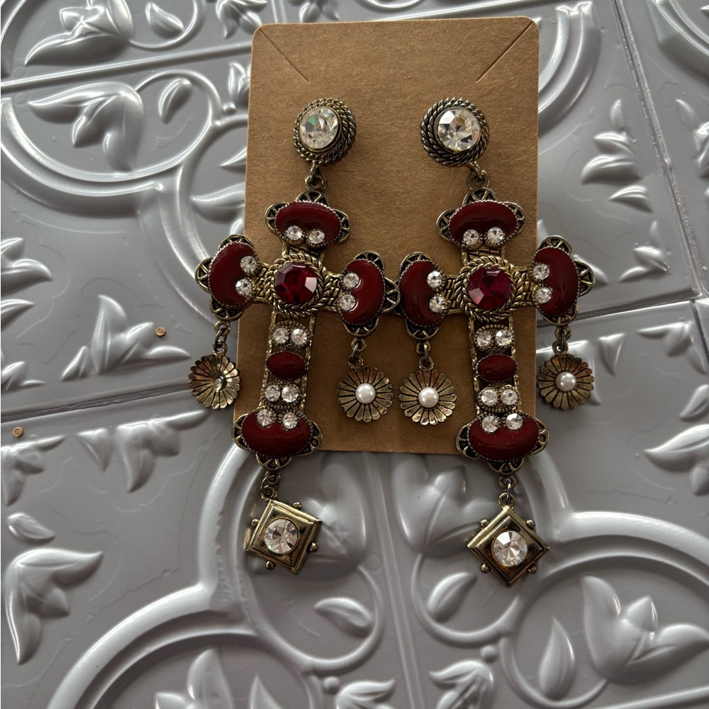 Boho Red Cross Rhinestone Statement Dangle Earrin… - image 1